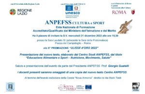 Scopri di più sull'articolo Premiazione “Ulisse d’Oro”                                                                       e                                                                                                        Presentazione del nuovo testo, elaborato dal centro studi ANPEFSS                                                                                           “Educazione Alimentare e Sport – Nutrizione, Movimento, Salute”